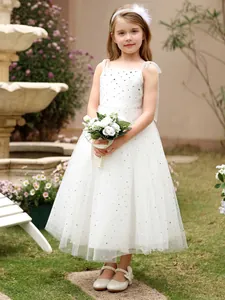 Abito da damigella bianco scintillante in tulle per matrimoni e cerimonie con spalline