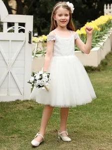 Elegant white lace flower girl dress with tulle skirt and off-shoulder design