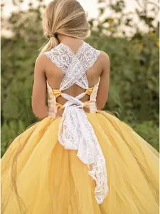 Elegant girls yellow tulle princess ball gown with white lace backless tie detail