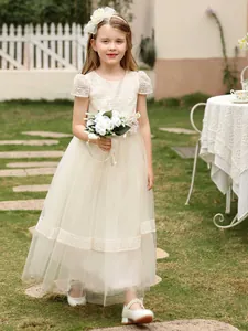Vestido de Princesa para Niña Encaje Malla Bordado Vestido Pomposo para Boda Fiesta Formal Cumpleaños Elegante Vestido de Pasarela para Niños