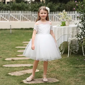 Detail of white lace bodice and tiered tulle skirt on a floral princess dress