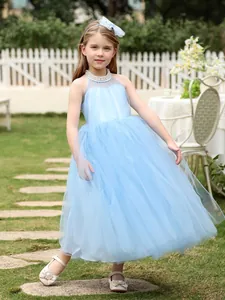 Vestido de princesa de tul azul claro para niñas con detalle de perlas en el cuello