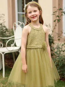 Robe de princesse sans manches vert olive pour fille en tulle et dentelle crochet