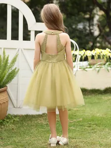 Robe de cérémonie pour fille en dentelle vert olive avec jupe en tulle multicouche