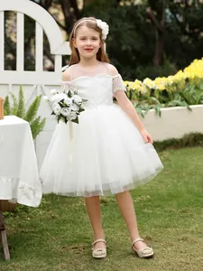 Girls White Lace Tulle Party Dress Princess Flower Girl Wedding Dress Cold Shoulder Mesh Tutu Gown Elegant Birthday Apparel