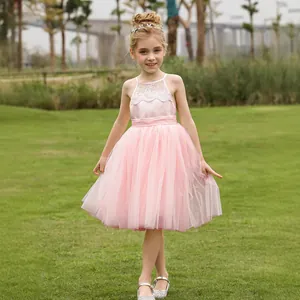 Detalle de vestido rosa para niña con bordados de encaje y falda de tul multicapa