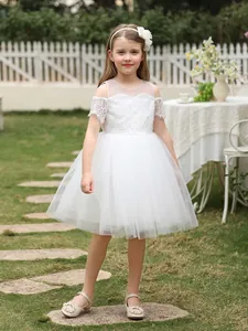 Girl's white lace princess dress with multi-layer tulle skirt in a sunny garden setting