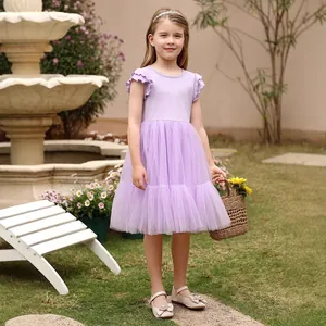 Détails de la robe de princesse en tulle violet pour fille avec manches à volants