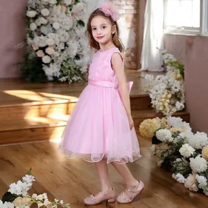 Détail d'une robe de princesse rose avec jupe en tulle, bandeau fleuri et chaussures