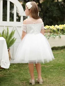Elegant white lace flower girl dress with layered tulle skirt for summer parties