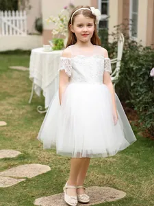 Elegant white lace flower girl dress with layered tulle skirt for parties and weddings