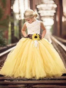 Girls Sunflower Flower Girl Wedding Dress White Lace Yellow Multi Layer Mesh Tutu Princess Party Gown