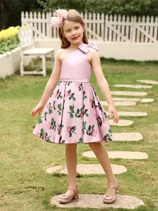 Mädchen Rosa Blumen Satin Ein Schulter Prinzessin Kleid Mit Schleife Für Hochzeit Party Formelle Blumenmädchen Kleid