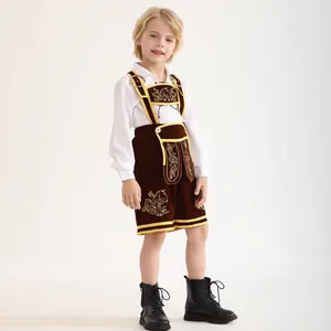 Detailed view of kids' traditional Oktoberfest outfit with velvet lederhosen and embroidery