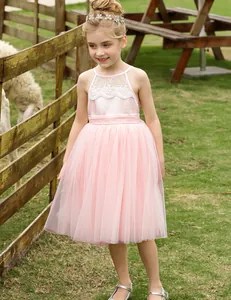 Detalle del vestido rosa de damita con bordado de encaje blanco y tul de varias capas
