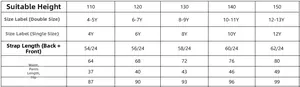 Detailed size chart for boys German Oktoberfest costume covering heights 110cm to 150cm