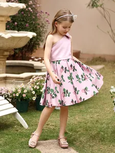 Ärmelloses One-Shoulder Prinzessinnenkleid für Mädchen mit rosa Blumendruck und Schleife