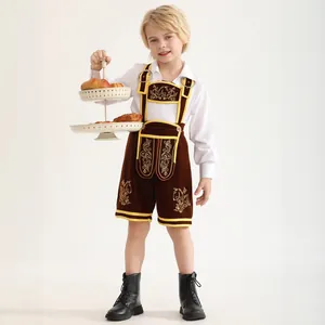 Detailed embroidery on kids Bavarian lederhosen shorts with white cotton shirt set
