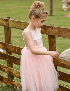 Detalle de vestido rosa para niña con corpiño de encaje y falda de tul en entorno natural