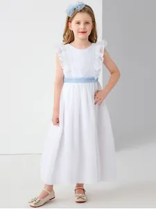Abito da Ragazza in Raso Bianco con Pizzo e Tulle Elegante Fiocco Abito da Damigella per Matrimonio Festa Cerimonia Abbigliamento Bambina