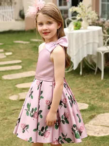 Rosa Satin-Prinzessinnenkleid für Mädchen mit One-Shoulder-Schleife und Blumenmuster