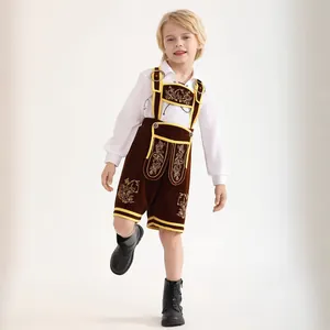 Detailed embroidery on kids Bavarian Lederhosen costume with white shirt and brown suspenders