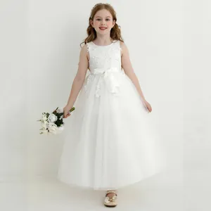 Detailed embroidery on white sleeveless lace girl's dress with satin bow and tulle skirt
