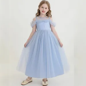 Detail of light blue girls tulle princess dress with sparkling sequins and A-line mesh skirt