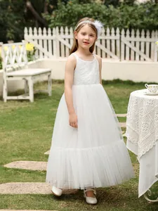 Vestido blanco de princesa para niña con encaje y falda de tul multicapa para fiestas