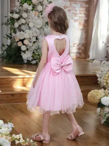 Robe de princesse rose sans manches pour fille avec dos ajouré en cœur et nœud