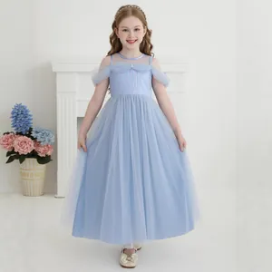 Elegant light blue girls' princess gown featuring a layered tulle skirt and sequined bodice