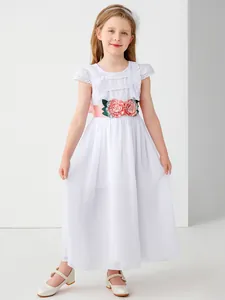 Robe Longue de Princesse en Dentelle pour Fille Tulle Blanc Multicouche Robe de Mariée avec Nœud en Satin et Fleurs