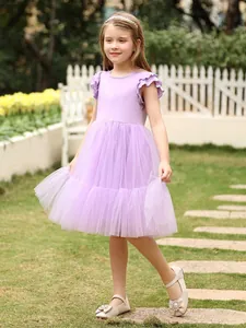 Robe de princesse lilas pour filles avec manches à volants et jupe en tulle multicouche