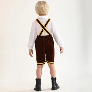 Back view of boys' traditional Oktoberfest outfit featuring brown suspenders and white shirt
