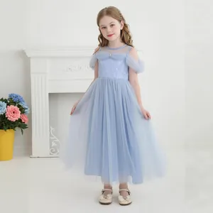 Detail of light blue girls Elsa princess dress featuring sequin embroidery and mesh layers
