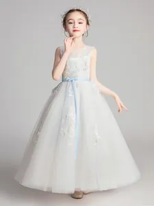 Girls Princess Lace Tulle Dress White Formal Wedding Party Flower Girl Gown With Blue Ribbon Bow Sweet Birthday Performance Dress