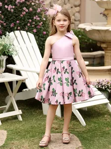 Rosa One-Shoulder Prinzessinnenkleid für Mädchen mit Blumenmuster und Schleife