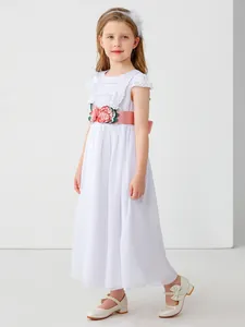 Robe de demoiselle d'honneur blanche en dentelle avec ceinture fleurie rose pour fête