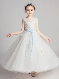 Sleeveless white girls princess dress with lace floral embroidery and blue waist ribbon