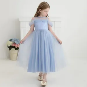 Detailed close-up of light blue princess dress with sequined bodice and mesh sleeves