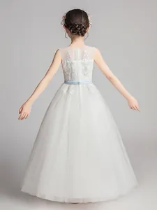 Elegant white girls long princess dress with blue lace embroidery and mesh tulle