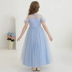 Detail view of the back of a light blue Elsa princess dress with layered mesh and zipper