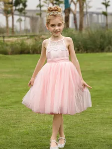 Elegante Vestido de Niña de las Flores Cuello Halter Encaje Malla Tul Princesa Vestido Formal Sin Mangas Corte en A para Boda Fiesta Niñas