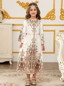 Vestito Abaya Kaftan da Ragazza Medio Oriente Stampa Floreale Manica Lunga Tunica Etnica Con Cintura per Festa Matrimonio