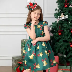 Detail of dark green satin Christmas dress for girls with gold bells and bow headband