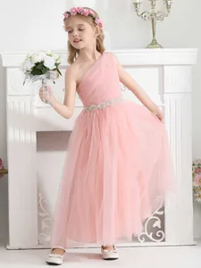 Vestido de princesa rosa con un hombro, falda de tul y cinturón de perlas para niñas