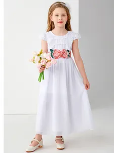 Robe de demoiselle d'honneur blanche en dentelle avec ceinture rose pour mariages