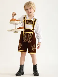 Kids German Oktoberfest outfit with brown velvet lederhosen and white shirt