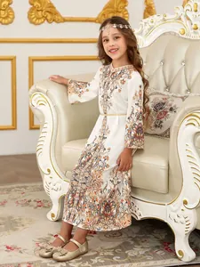 Abito etnico bianco per bambina con stampe floreali vintage e cintura dorata