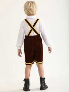 Back view of boys German Oktoberfest outfit with white shirt and brown velvet suspender shorts